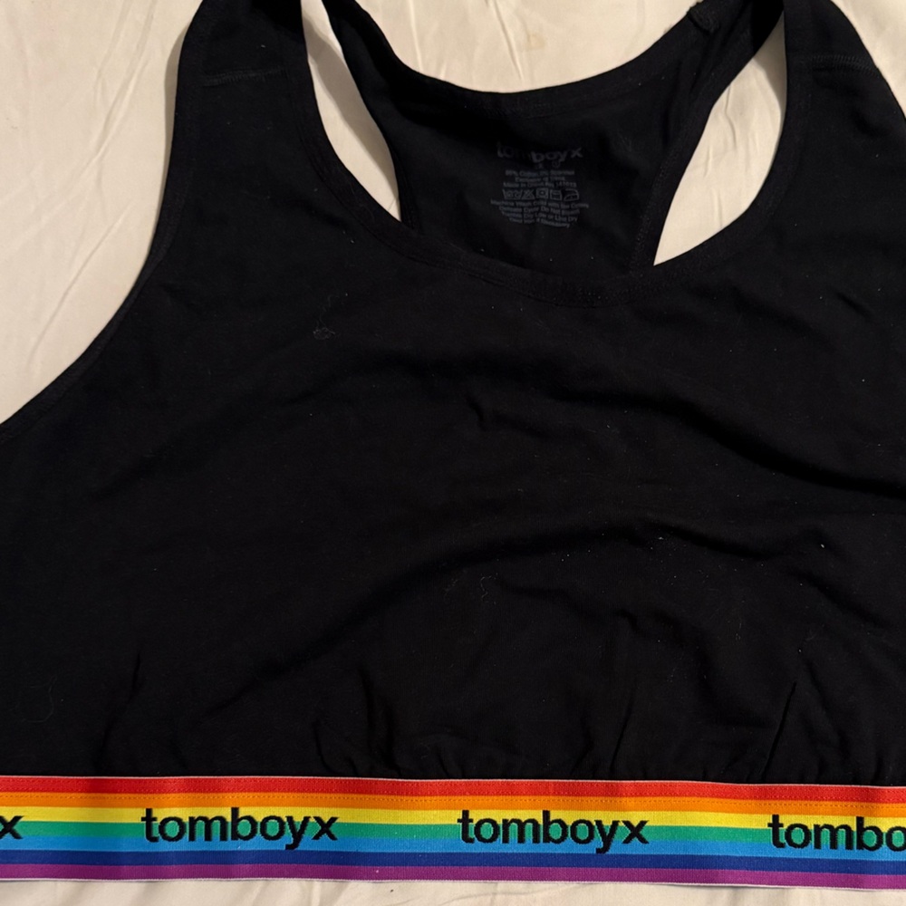 TomboyX 3XL Black racerback soft Bra W Logo Branding rainbow band NWOT